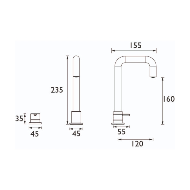 Bristan Altum 3-Hole Basin Mixer Tap Deck Mounted - Black  | Dimension Image
