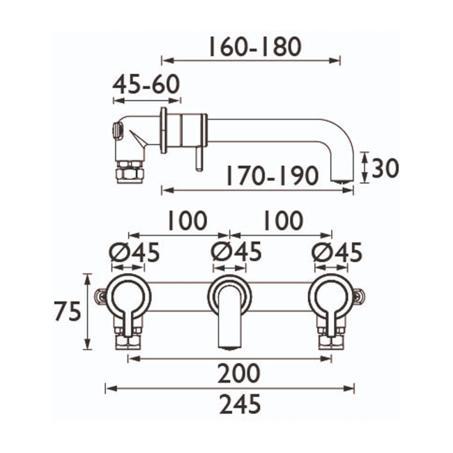 Bristan Altum 3-Hole Basin Mixer Tap Wall Mounted - Black  | Dimension Image