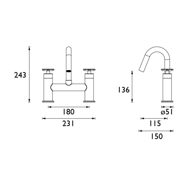 Bristan Altum Bath Filler Tap Pillar Mounted - Black  | Dimension Image