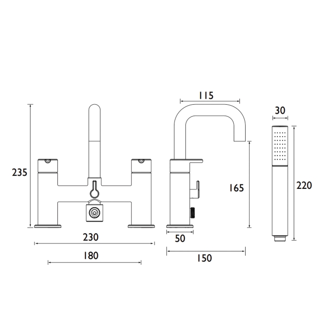 Bristan Altum Bath Shower Mixer Tap Pillar Mounted - Brushed Brass  | Dimension Image