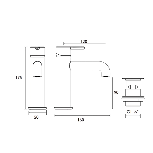 Bristan Altum Basin Mixer Tap Deck Mounted - Brushed Brass  | Dimension Image