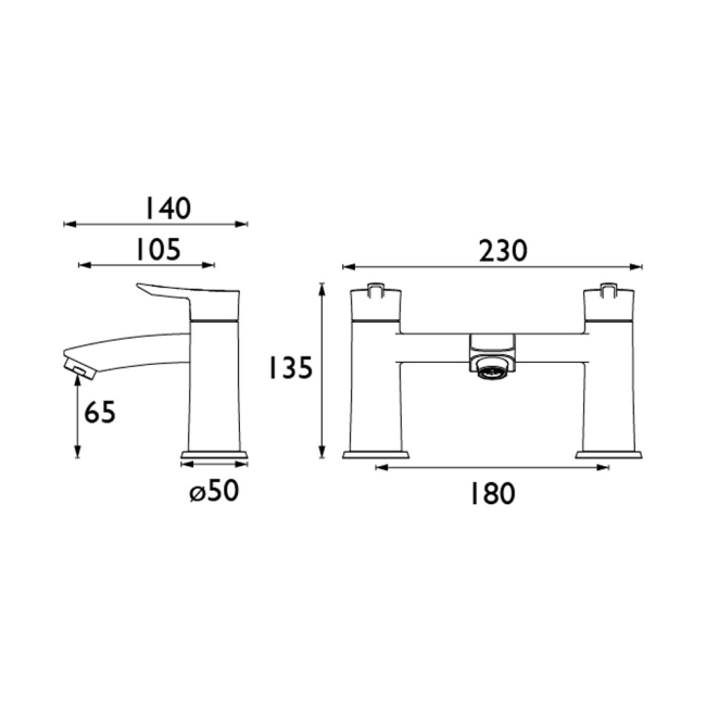 Bristan Apelo Bath Filler Tap Pillar Mounted - Gun Metal  | Dimension Image