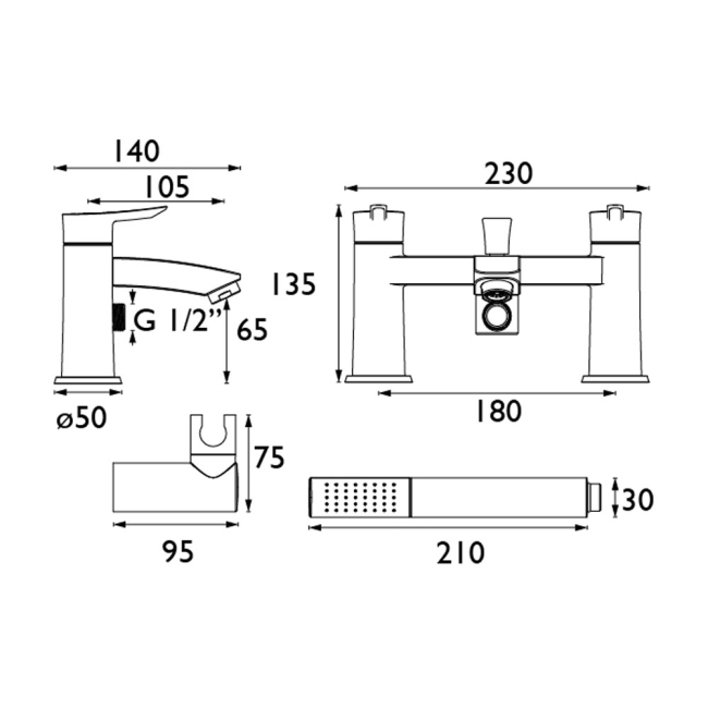 Bristan Apelo Bath Shower Mixer Tap Pillar Mounted - Gun Metal  | Dimension Image