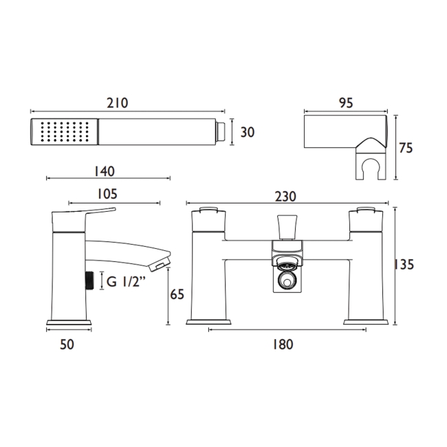 Bristan Appeal Bath Shower Mixer Tap Pillar Mounted - Black  | Dimension Image