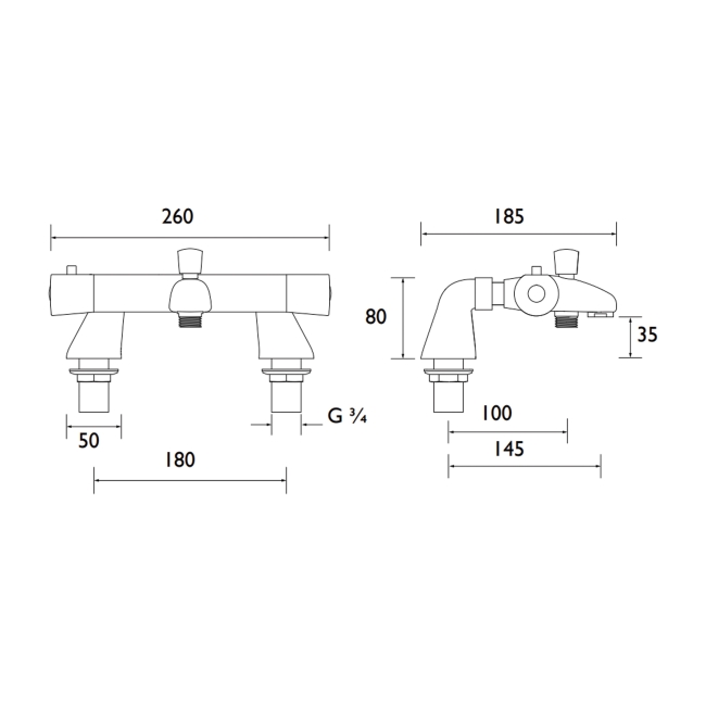 Bristan Artisan TMV2 Thermostatic Bath Shower Mixer Tap - Chrome  | Dimension Image