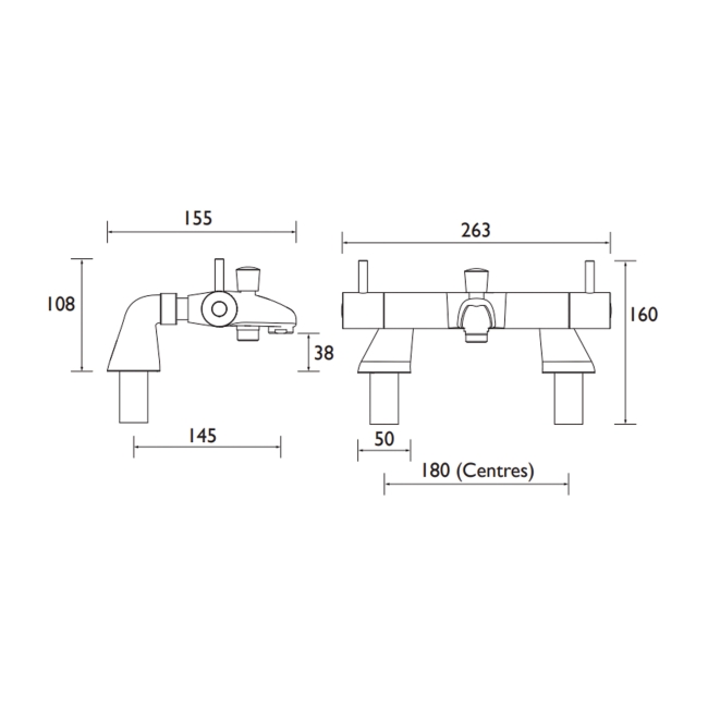 Bristan Artisan TMV2 Thermostatic Lever Bath Shower Mixer Tap - Chrome  | Dimension Image