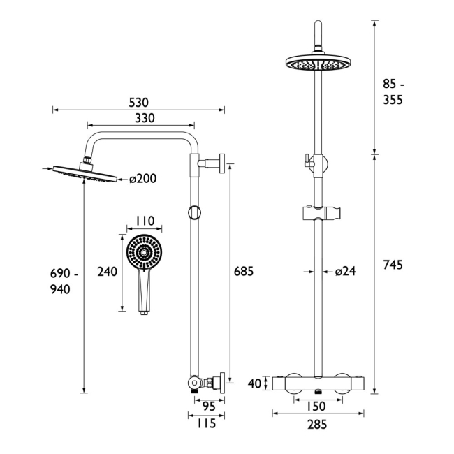 Bristan Buzz Thermostatic Bar Mixer Shower with Shower Kit and Fixed Head - Brushed Brass  | Dimension Image