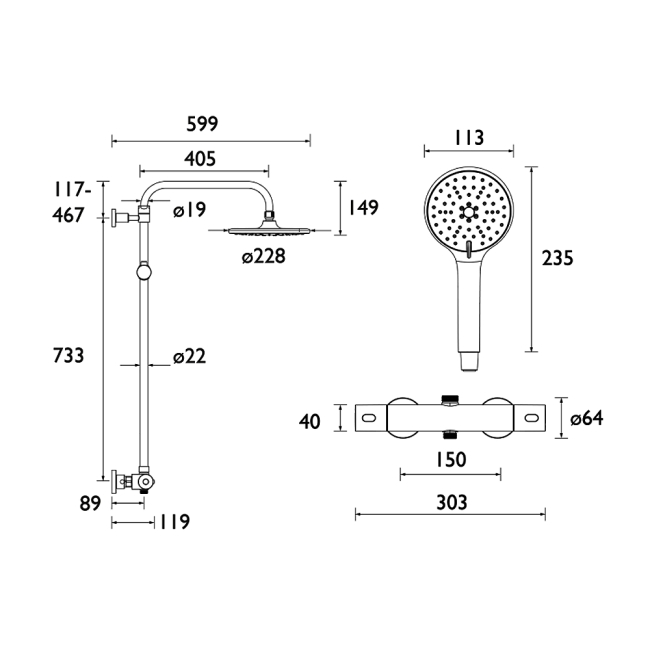 Bristan Buzz Thermostatic Bar Mixer Shower with Shower Rigid Riser Kit and Fixed Head - Brushed Brass  | Dimension Image