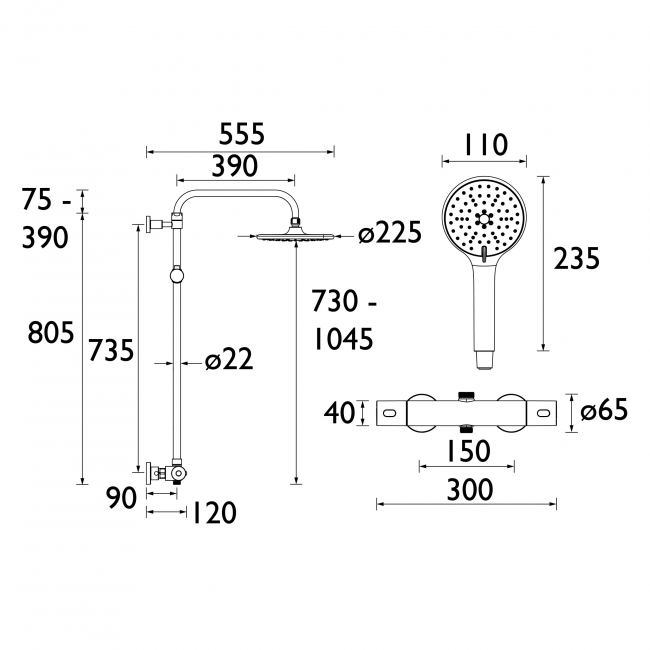Bristan Buzz Thermostatic Bar Mixer Shower with Shower Rigid Riser Kit and Fixed Head - Chrome