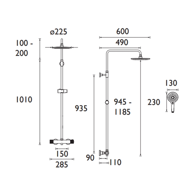 Bristan Carre FastFit Bar Mixer Shower with Shower Kit and Fixed Head  | Dimension Image