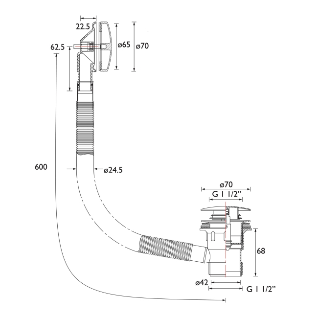 Bristan Round Clicker Bath Waste with Overflow - Gun Metal Grey  | Dimension Image
