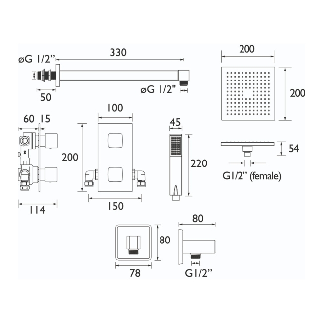 Bristan Cobalt Dual Concealed Mixer Shower with Shower Kit and Fixed Head - Black  | Dimension Image