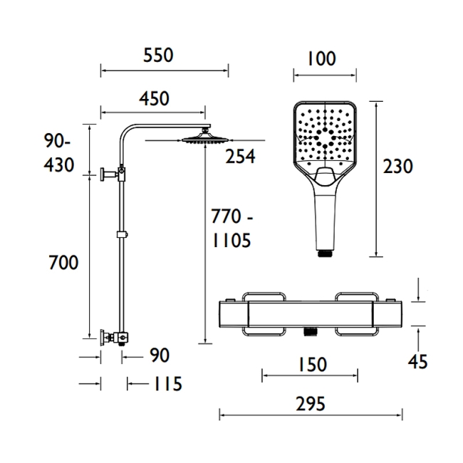 Bristan Craze Thermostatic Bar Mixer Shower with Shower Rigid Riser Kit and Fixed Head - Chrome  | Dimension Image