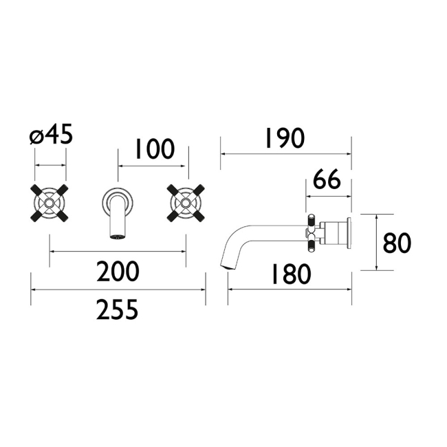 Bristan Cruzar 3-Hole Basin Mixer Tap Wall Mounted - Black  | Dimension Image