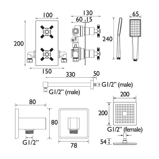 Bristan Cruzar Dual Concealed Mixer Shower with Shower Kit and Fixed Head - Chrome  | Dimension Image