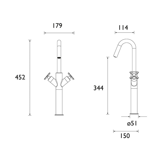 Bristan Cruzar Tall Basin Mixer Tap Deck Mounted - Black  | Dimension Image