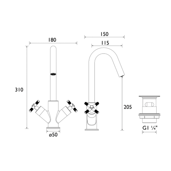 Bristan Cruzar Basin Mixer Tap with Clicker Waste - Brushed Brass  | Dimension Image