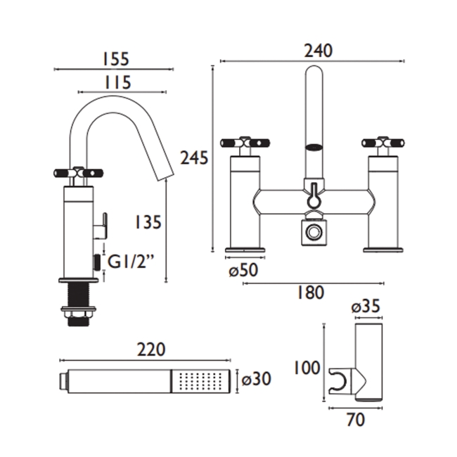 Bristan Cruzar Bath Shower Mixer Tap Pillar Mounted - Brushed Brass  | Dimension Image
