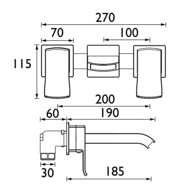 Bristan Descent Bath Filler Tap Wall Mounted - Chrome  | Dimension Image
