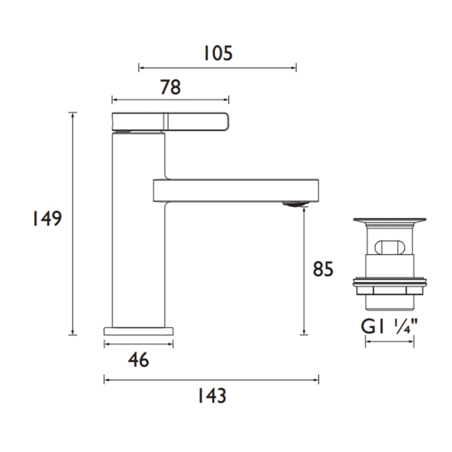 Bristan Elevar Basin Mixer Tap with Clicker Waste - Balck  | Dimension Image