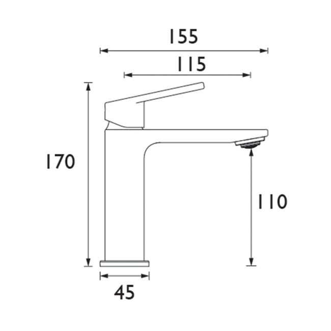 Bristan Frammento Eco Start Basin Mixer Tap with Clicker Waste - Gun Metal  | Dimension Image