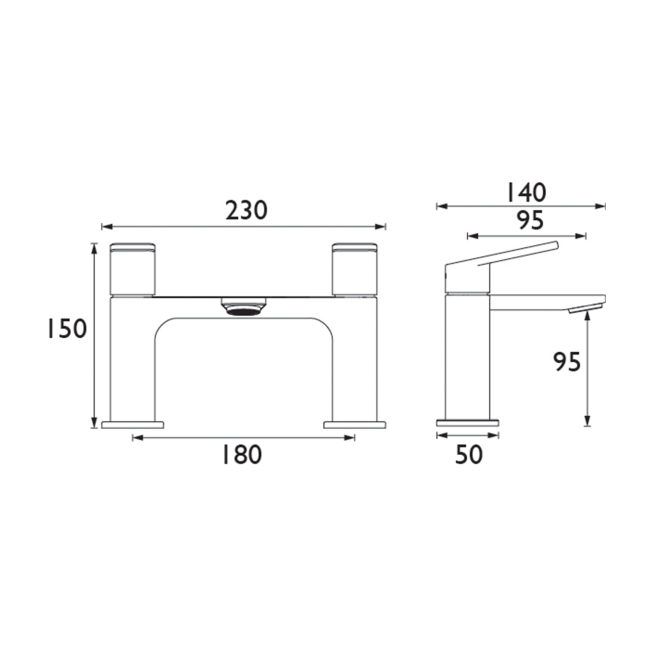 Bristan Frammento Bath Filler Tap Pillar Mounted - Gun Metal  | Dimension Image