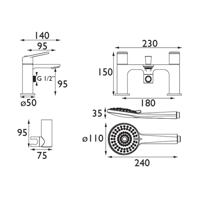 Bristan Frammento Bath Shower Mixer Tap Pillar Mounted - Brushed Brass  | Dimension Image