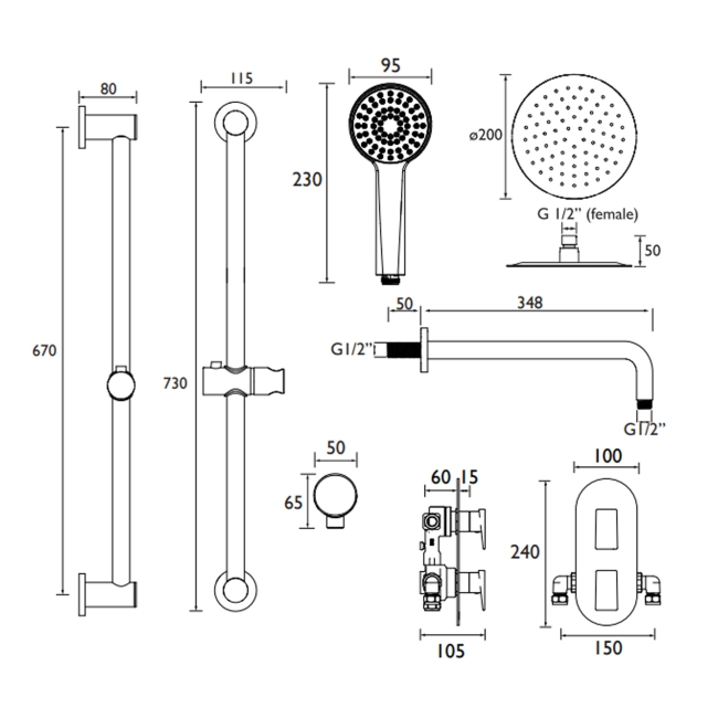 Bristan Frammento Dual Concealed Mixer Shower with Shower Kit and Fixed Head - Chrome  | Dimension Image