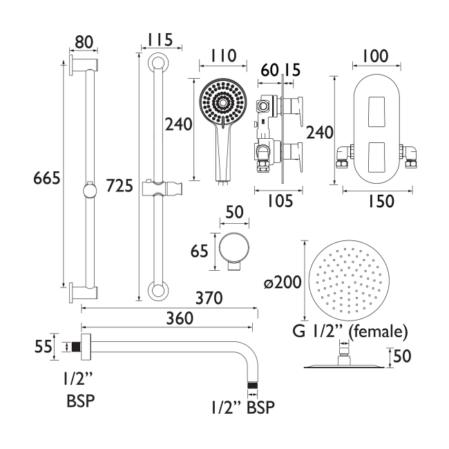Bristan Frammento Dual Concealed Mixer Shower with Shower Kit and Fixed Head - Chrome  | Dimension Image