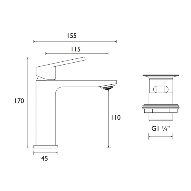 Bristan Frammento Eco Start Basin Mixer Tap with Clicker Waste - Black  | Dimension Image
