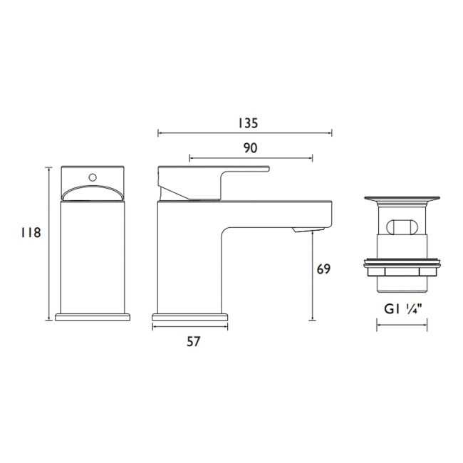 Bristan Frenzy Basin Mixer Tap with Clicker Waste - Chrome  | Dimension Image