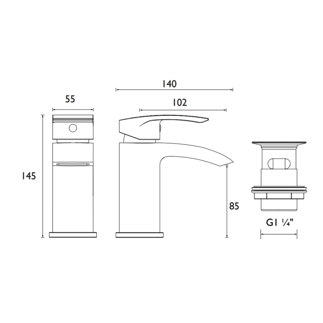 Bristan Gild Eco Start Basin Mixer Tap with Clicker Waste - Chrome  | Dimension Image