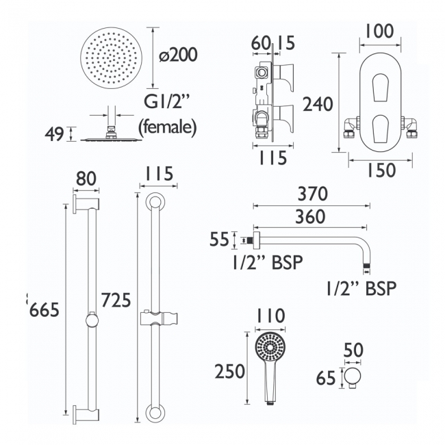 Bristan Hourglass Dual Concealed Mixer Shower with Shower Kit and Fixed Head - Black