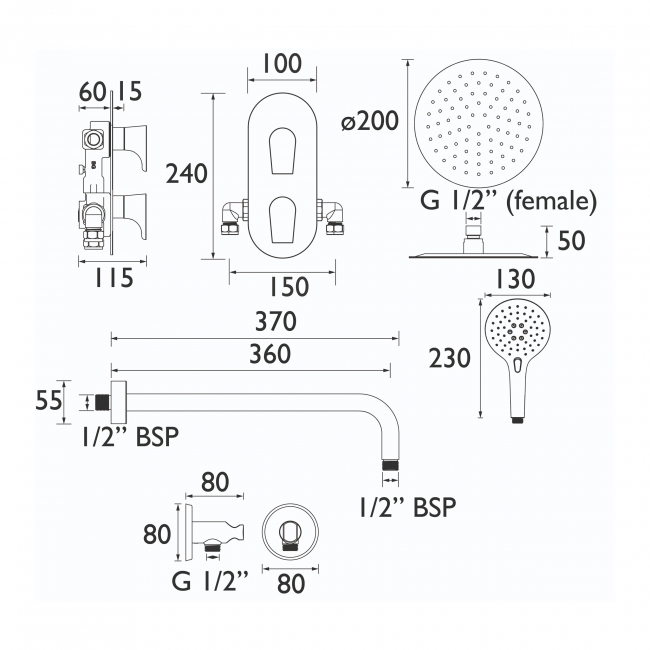 Bristan Hourglass Dual Concealed Mixer Shower with Shower Kit and Fixed Head