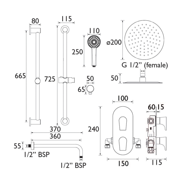 Bristan Hourglass Dual Concealed Mixer Shower with Shower Kit and Fixed Head - Chrome  | Dimension Image