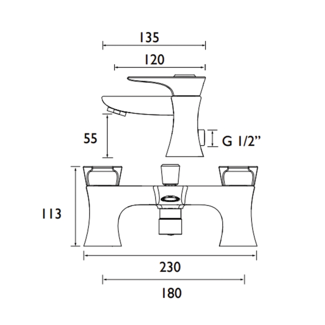 Bristan Hourglass Bath Shower Mixer Tap Pillar Mounted - Chrome  | Dimension Image