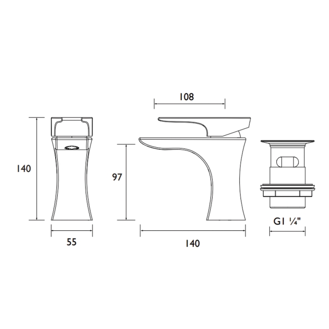 Bristan Hourglass Eco Start Basin Mixer Tap with Clicker Waste - Black  | Dimension Image
