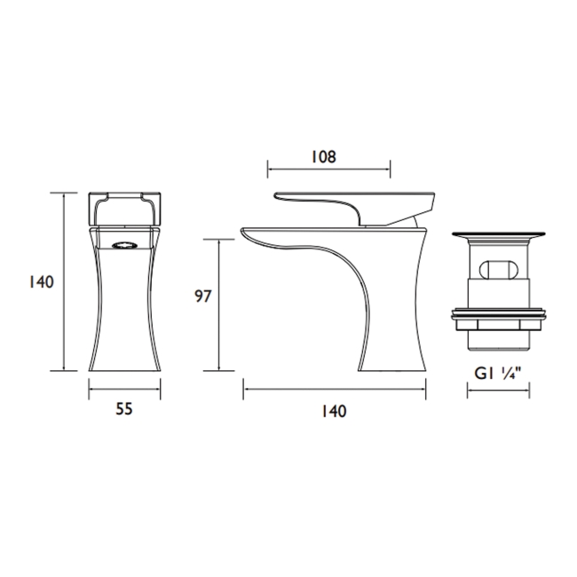 Bristan Hourglass Eco Start Basin Mixer Tap with Clicker Waste - Chrome  | Dimension Image