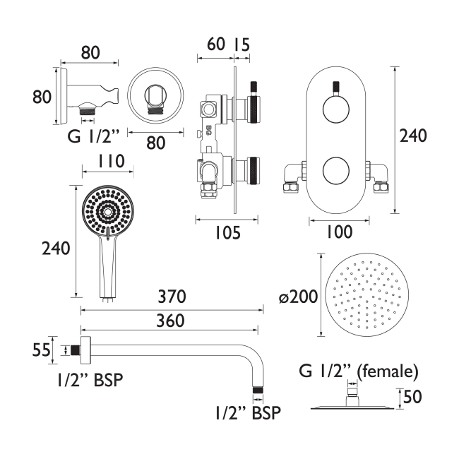 Bristan Molida Dual Concealed Mixer Shower with Fixed Head and Handset - Black  | Dimension Image