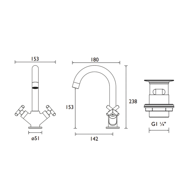 Bristan Naxos Basin Mixer Tap with Clicker Waste - Chrome  | Dimension Image