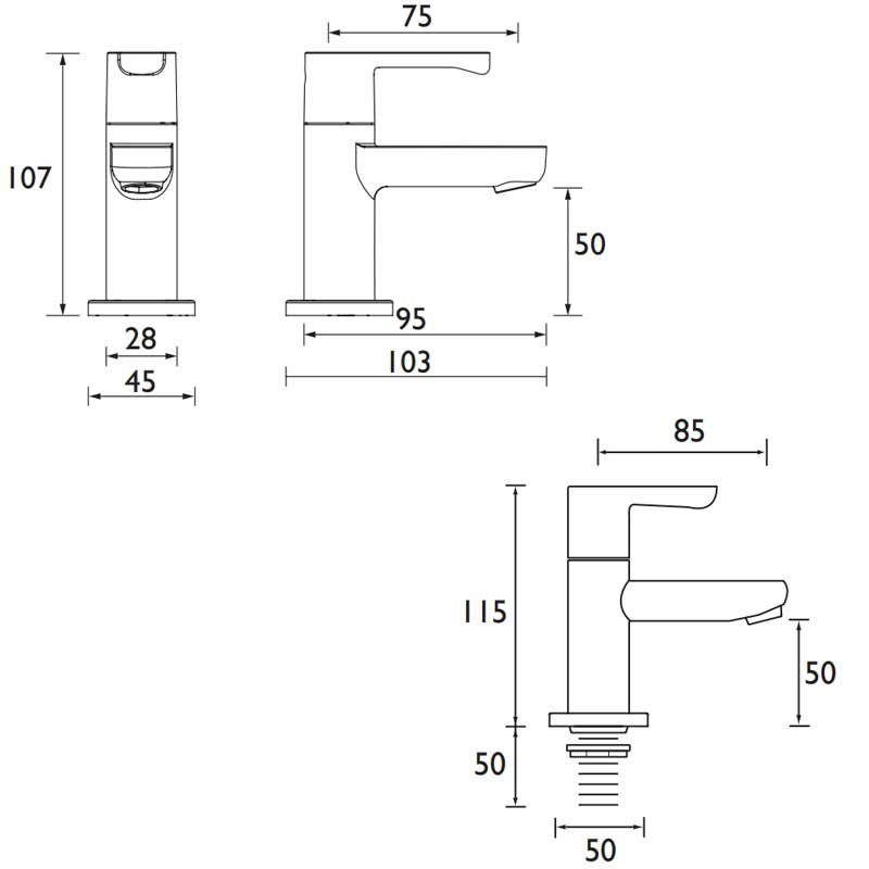 Bristan Nero Basin Taps and Bath Taps - Chrome  | Dimension Image