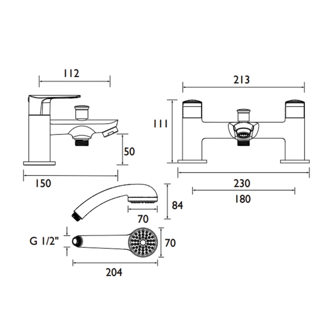 Bristan Opus Bath Shower Mixer Tap Pillar Mounted - Chrome  | Dimension Image
