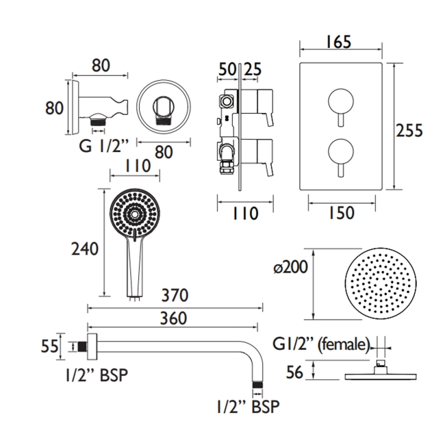Bristan Prism Dual Concealed Mixer Shower with Fixed Head and Handset - Black  | Dimension Image