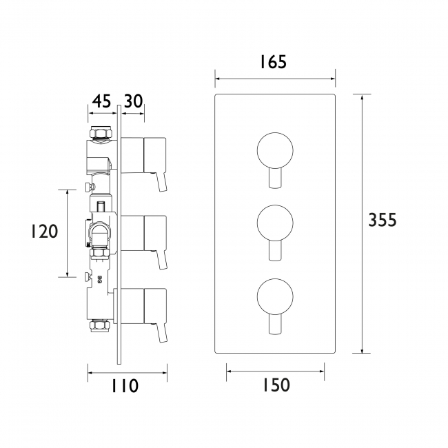 Bristan Prism Thermostatic Recessed Triple Control Shower Valve with Two Integral Stopcocks - Chrome