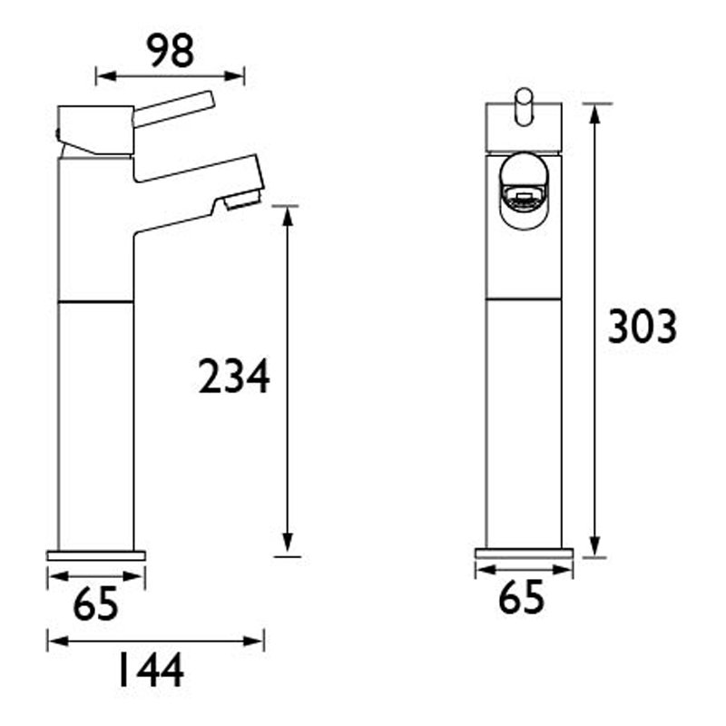 Bristan Prism Tall Basin Mixer Tap without Waste - Chrome Plated  | Dimension Image