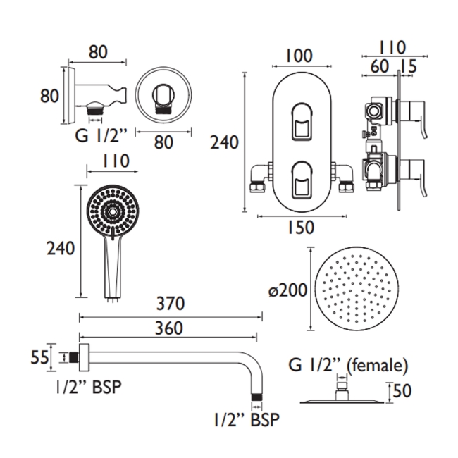Bristan Saffron Dual Concealed Mixer Shower with Fixed Head and Handset - Black  | Dimension Image