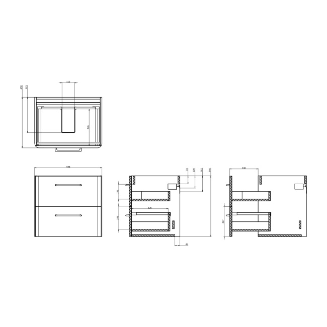 Britton Camberwell Earthy Green 600mm 2-Drawer Wall Hung Vanity Unit (inc 1TH White Cast Marble Basin)  | Dimension Image