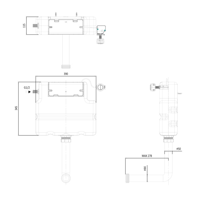 Britton Slimline Furniture Concealed Cistern - Chrome Button  | Dimension Image