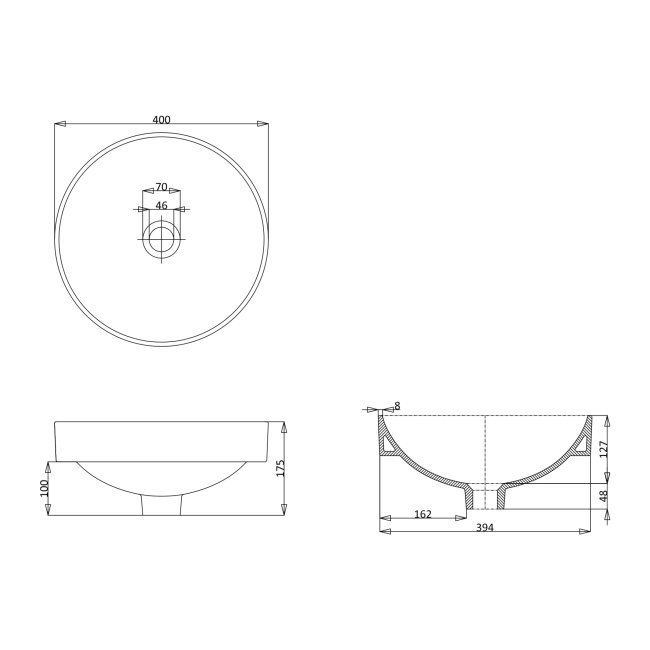 Britton Thin Gloss White Semi-Inset Countertop Basin 400mm  | Dimension Image
