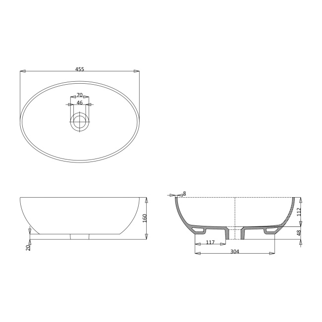Britton Oval Gloss White Countertop Basin 455mm x 305mm  | Dimension Image